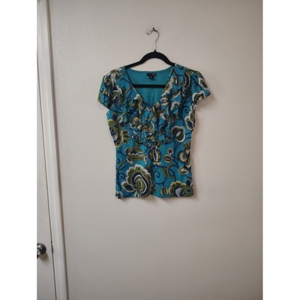 East 5th Teal Blue Paisley Floral Ruffle V-Neck Cap Sleeve Knit Top‎ M